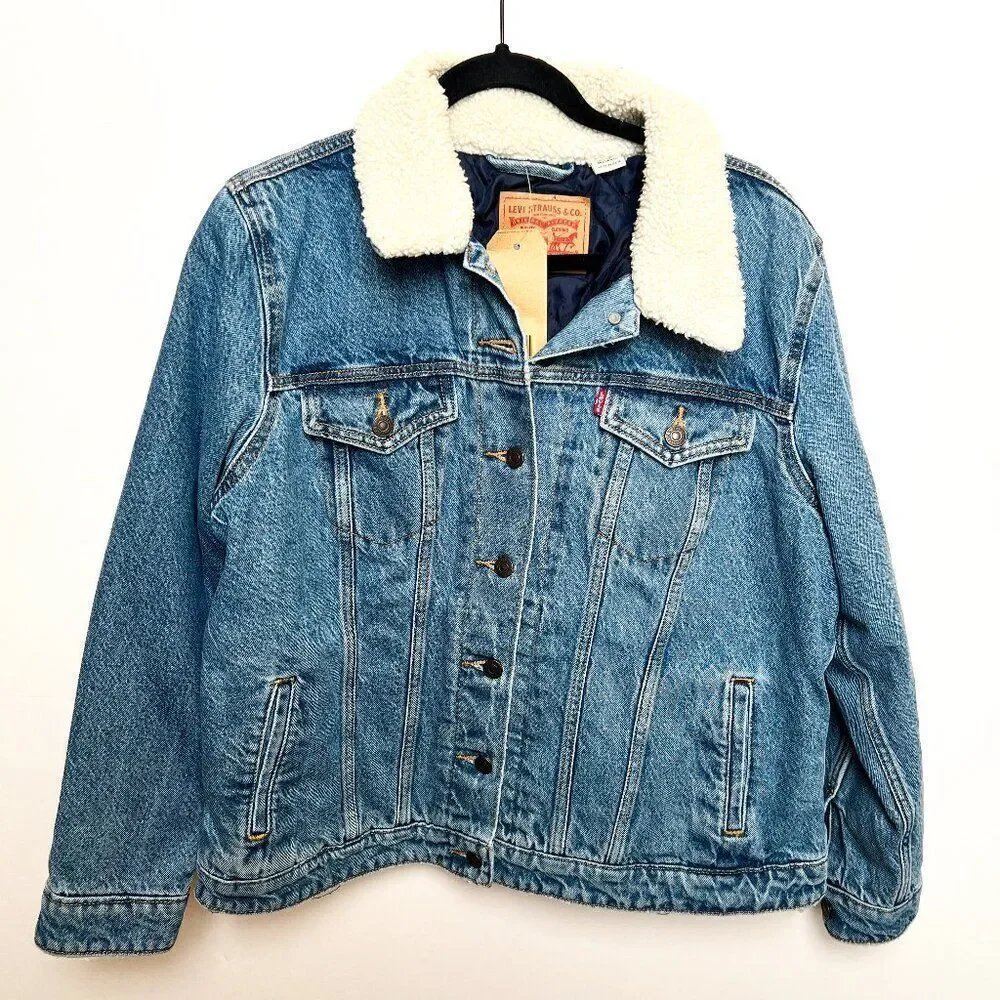 NWT Levi's Original Trucker Denim Jean Jacket Medium Wash Sherpa Lined Collar 1X
